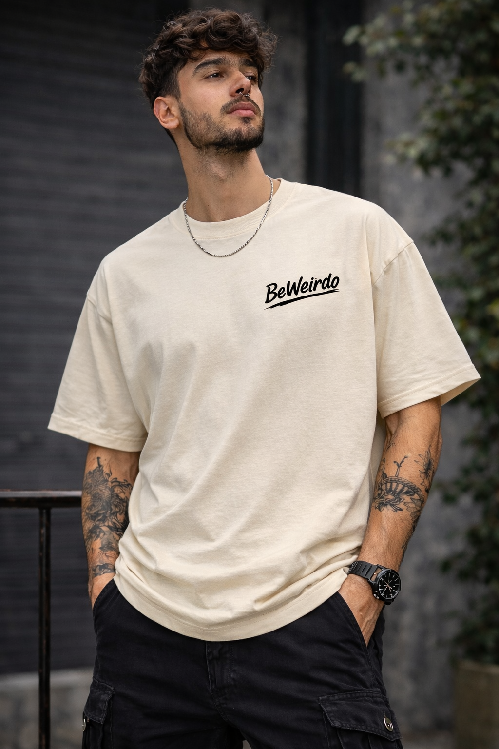 BeWeirdo Signature Logo Cream Oversized T-Shirt