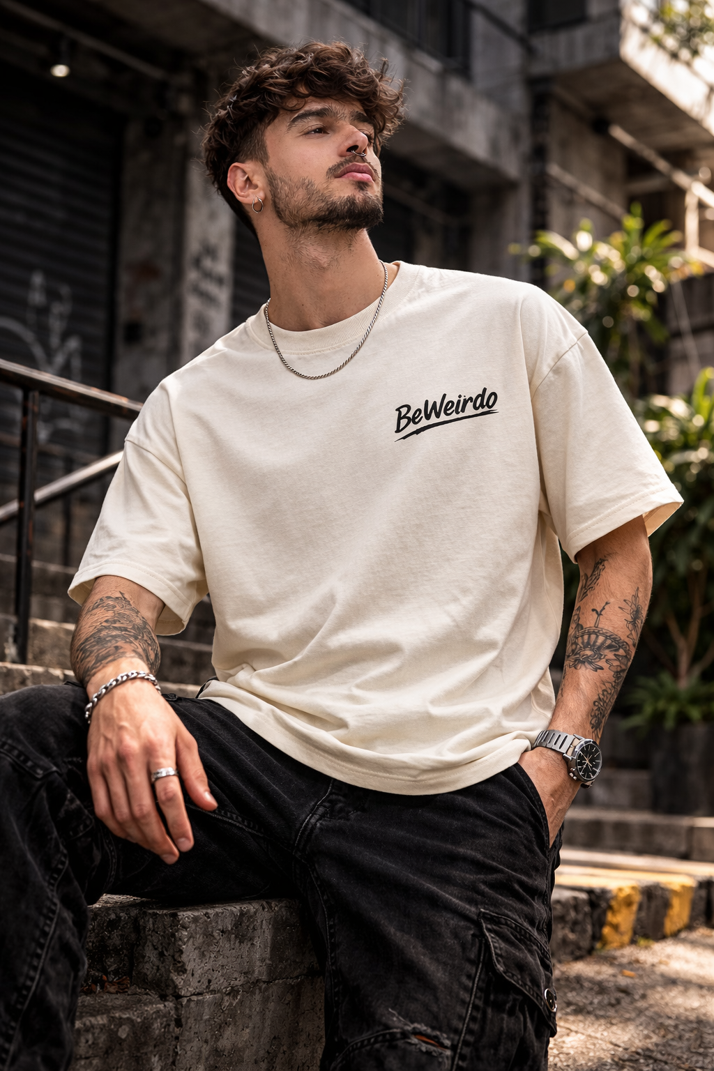 BeWeirdo Signature Logo Cream Oversized T-Shirt