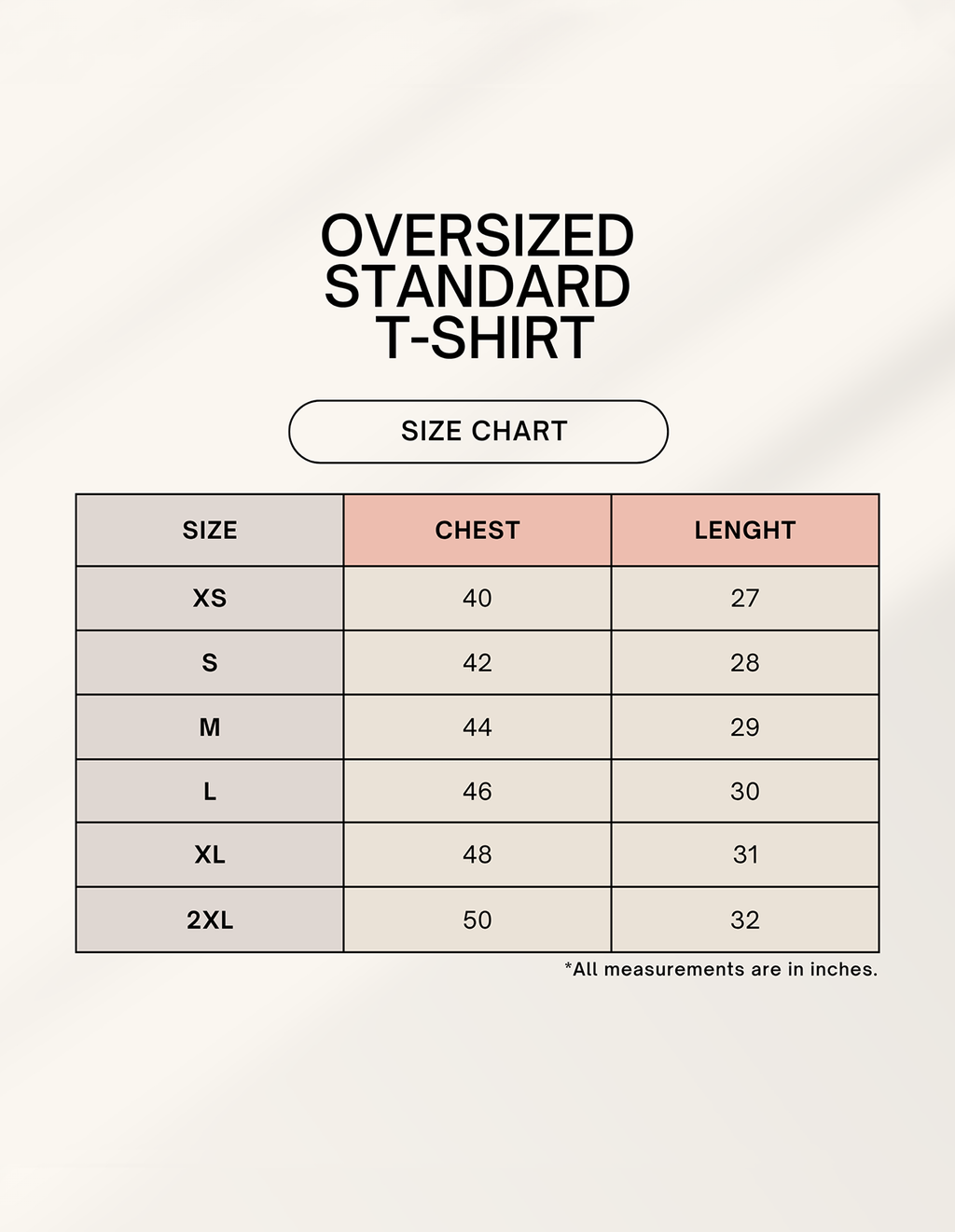 BeWeirdo oversized t-shirt size chart in inches