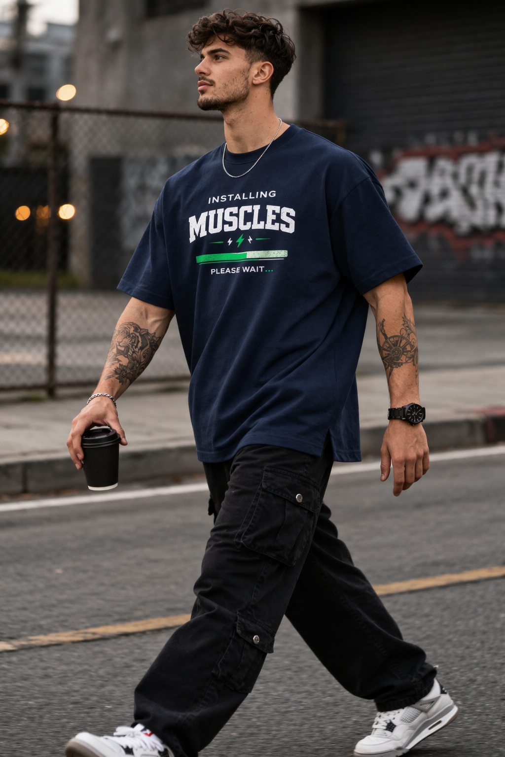BeWeirdo Installing Muscles funny gym oversized t-shirt model
